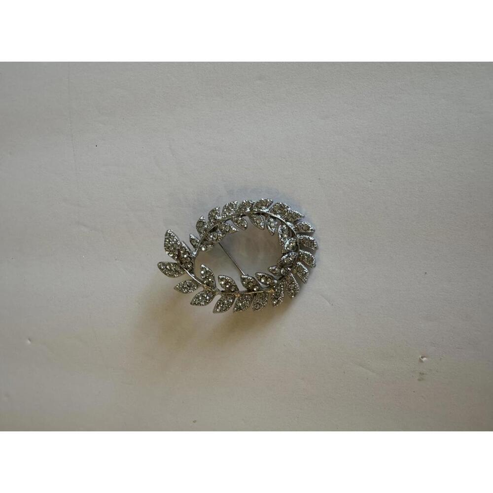 Vintage Silver Leaf Brooch with Rhinestones